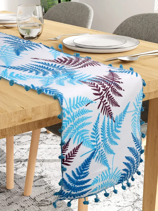Pack_of_1_Piece_Cotton_Blue_Tropical_Leaf_Pompom_Collection_Table_Runner_For_Dining_&_Center_Table