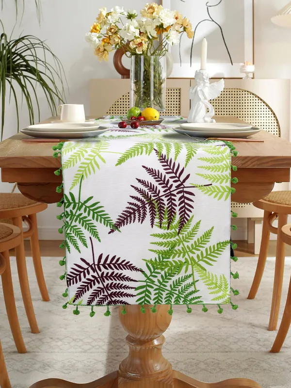 Pack_of_1_Piece_Cotton_GreenTropical_Leaf_Pompom_Collection_Table_Runner_For_Dining_&_Center_Table