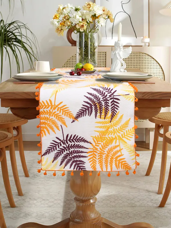 Pack_of_1_Piece_Cotton_Yellow_Tropical_Leaf_Pompom_Collection_Table_Runner_For_Dining_&_Center_Table