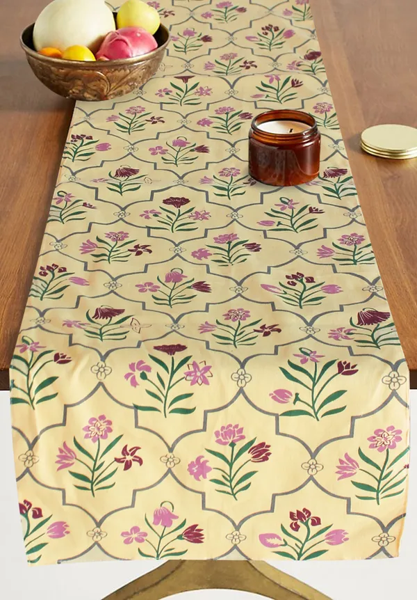 Pack_of_1_Piece_Cotton_Printed_Lime_Yellow_Amaryllis_Purple_Rain_Collection_Table_Runner-for_Dining_&_Center_Table