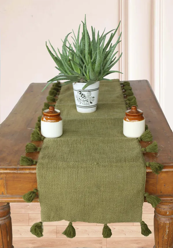 Pack_of_1_Piece_Cotton_Moss_Green_Merit_Tassel_Collection_Table_Runner-For_Dining_&_Center_Table