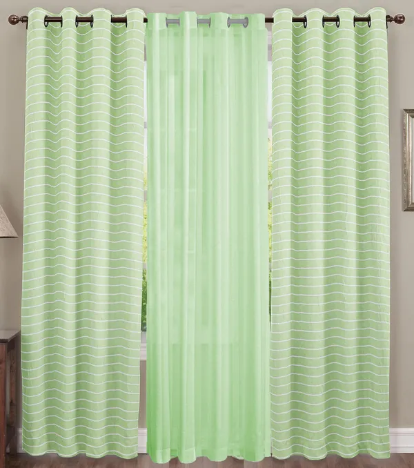 Pack_of_3_Pieces_Cotton_Green_Check_Reflection_Collection_Eyelet_Curtain_Set_For_Bedroom_and_Living_Room