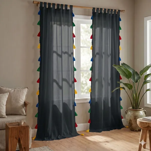 Pack_of_2_Cotton_Black_Sheer_Summer_fun_Multi_Tassel_Tab_Top_Curtain_Set_for_Window_and_Door