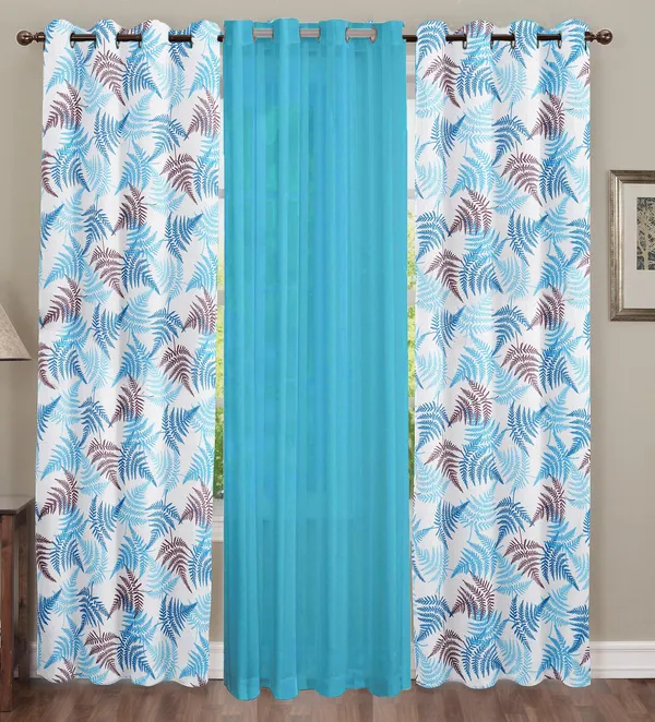Pack_of_3_Pieces_Cotton_Turquoise_Rosy_Reflections_Printed_Eyelet_Curtain_Set_For_Bedroom_and_Living_Room