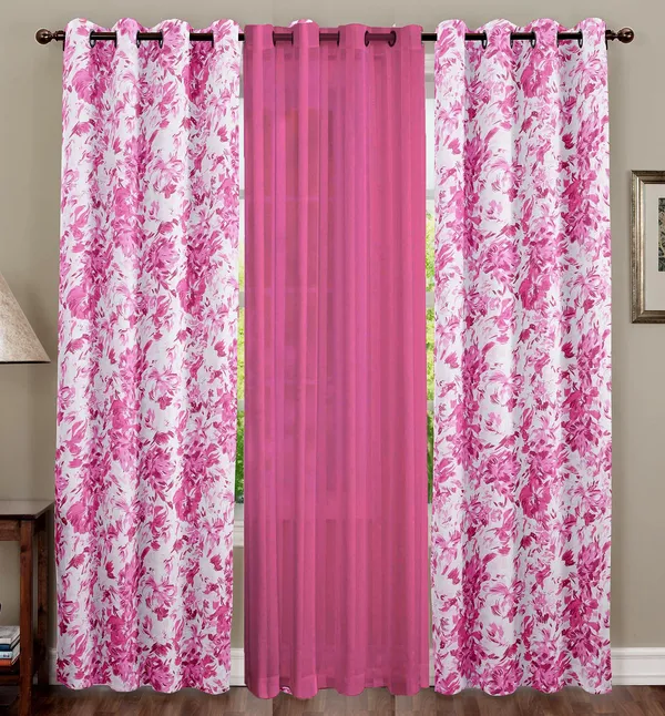 Pack_of_3_Pieces_Cotton_Mazenta_Rosy_Reflections_Printed_Eyelet_Curtain_Set_For_Bedroom_and_Living_Room