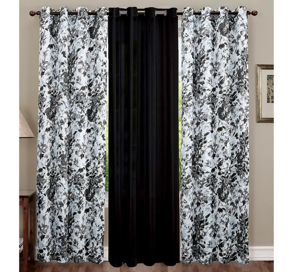 Pack_of_3_Pieces_Cotton_Black_Rosy_Reflections_Printed_Eyelet_Curtain_Set_For_Bedroom_and_Living_Room