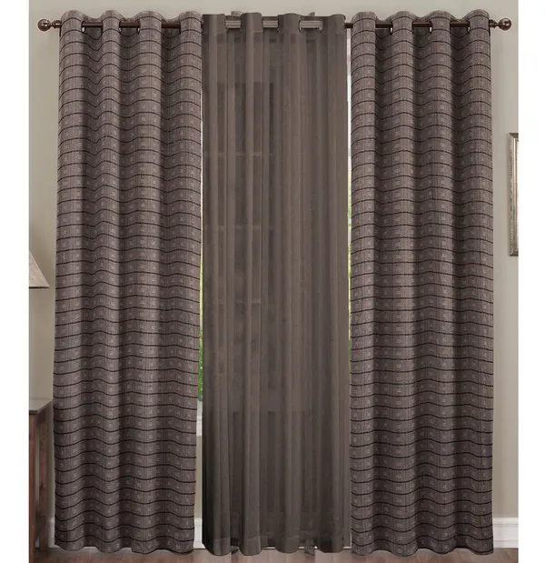 Pack_of_3_Pieces_Cotton_Mocha_Brown_Check_Reflection_Collection_Eyelet_Curtain_Set_For_Bedroom_and_Living_Room