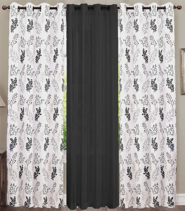Pack_of_3_Pieces_Cotton_Midnight_Black_Bloom_Bliss_Printed_Collection_Eyelet_Curtain_Set_For_Bedroom_and_Living_Room