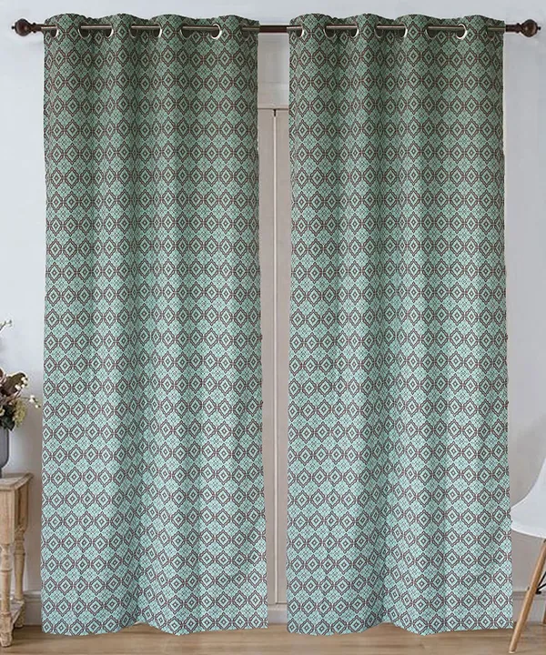 Pack_of_3_Pieces_Cotton_Pear_Green_Check_Reflection_Collection_Eyelet_Curtain_Set_For_Bedroom_and_Living_Room