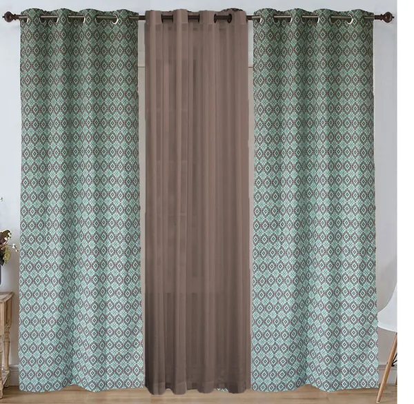 Pack_of_3_Pieces_Cotton_Pear_Green_Check_Reflection_Collection_Eyelet_Curtain_Set_For_Bedroom_and_Living_Room