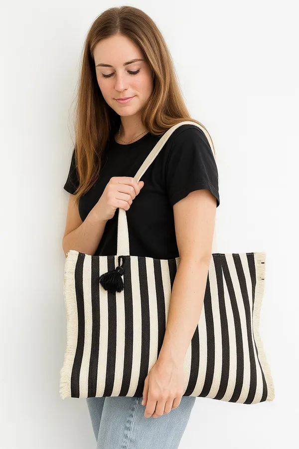 Pack_of_1_Piece_Cotton_Black_Cream_Stripe_Villa_Collection_Shoulder_Bag_for_Girl_and_Women
