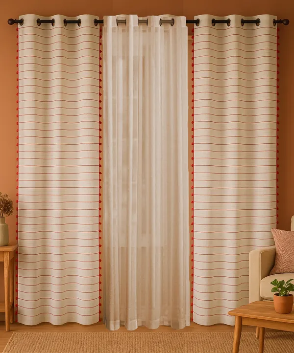Pack_of_3_Pieces_Cotton_White-Red_Pin_Stripe_Pompom_Collection_Eyelet_Curtain_Set_For_Bedroom_and_Living_Room