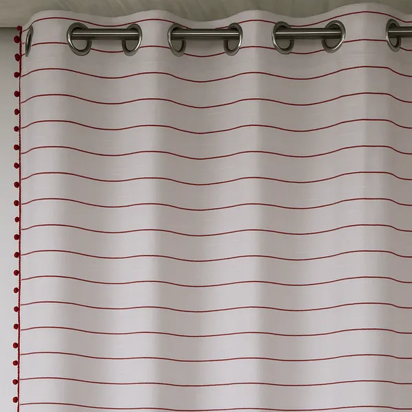 Pack_of_3_Pieces_Cotton_White-Red_Pin_Stripe_Pompom_Collection_Eyelet_Curtain_Set_For_Bedroom_and_Living_Room