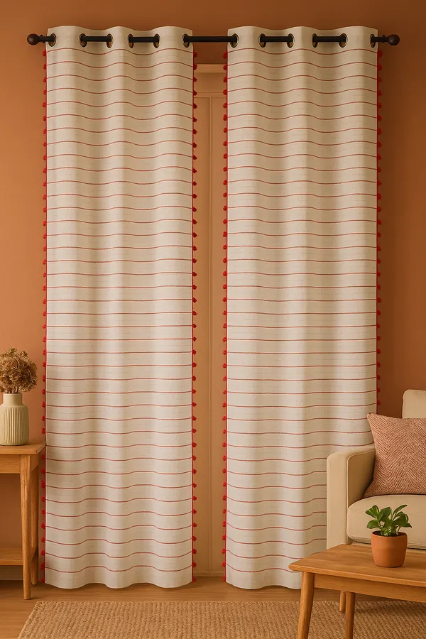 Pack_of_3_Pieces_Cotton_White-Red_Pin_Stripe_Pompom_Collection_Eyelet_Curtain_Set_For_Bedroom_and_Living_Room