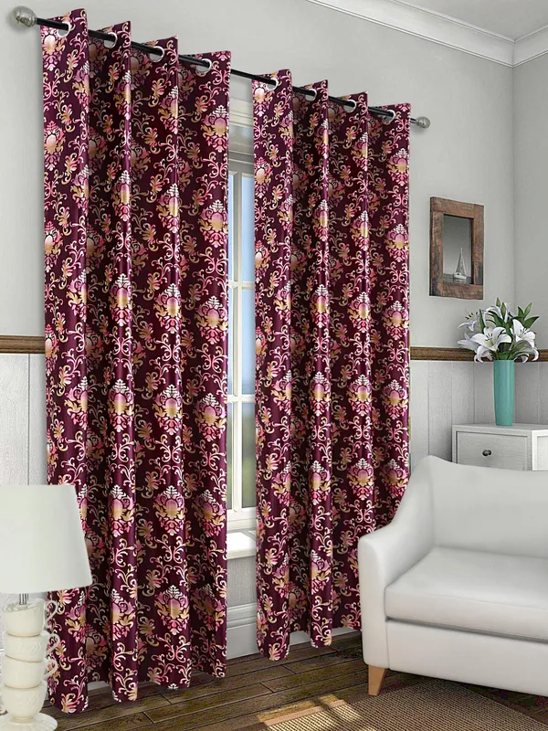 Dekor_World_Polyester_Maroon_Damask_Multi_Printed_Eyelet_Curtain_Set_(Pack_of_2)-110x275cm_(4x9_Feet)_Long_Door_Curtain