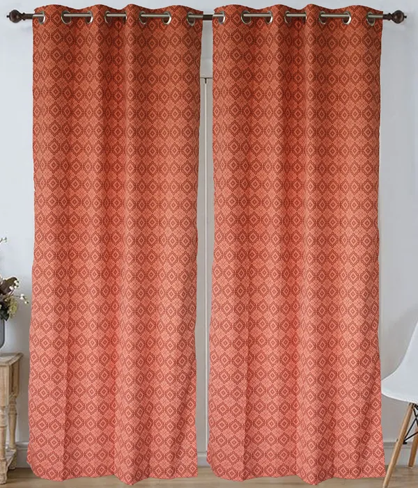 Pack_of_3_Pieces_Cotton_Fire_Rust_Check_Reflection_Collection_Eyelet_Curtain_Set_For_Bedroom_and_Living_Room