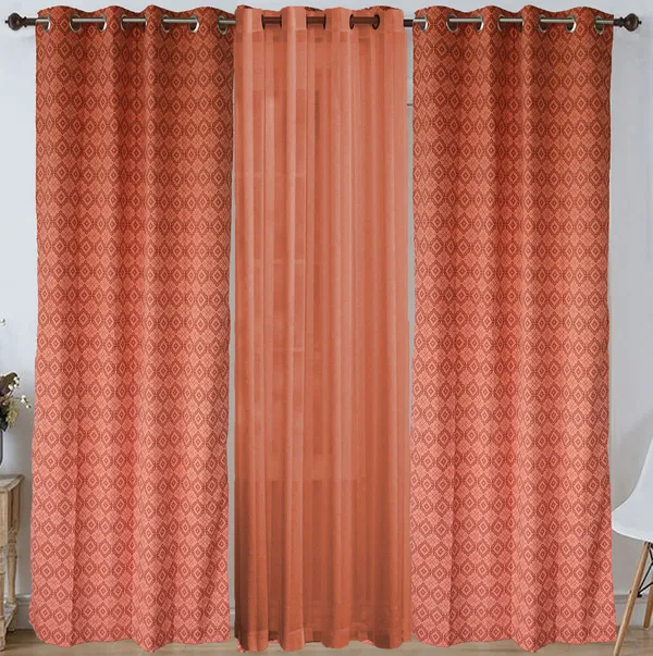 Pack_of_3_Pieces_Cotton_Fire_Rust_Check_Reflection_Collection_Eyelet_Curtain_Set_For_Bedroom_and_Living_Room