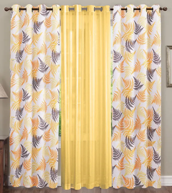 Pack_of_3_Pieces_Cotton_Sunshine_Yellow_Rosy_Reflections_Printed_Eyelet_Curtain_Set_For_Bedroom_and_Living_Room