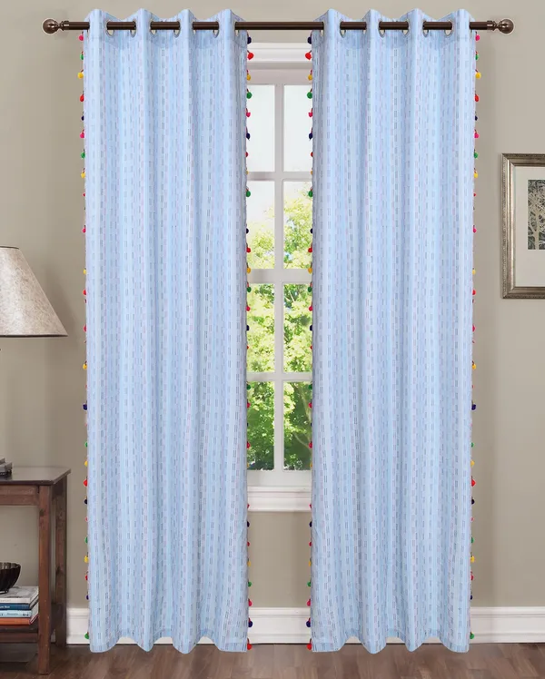 Pack_of_2_Cotton_Baby_Blue_Pastel_Stripe_Pompom_Collection_Eyelet_Curtainfor_Window_and_Door