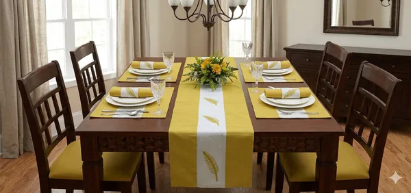 Adornado_leaf_embroidery_Yellow_Table_Runner_With_Place_Mat_and_Napkin-Dining_&_Center_Table_for_Decoration_and_Party