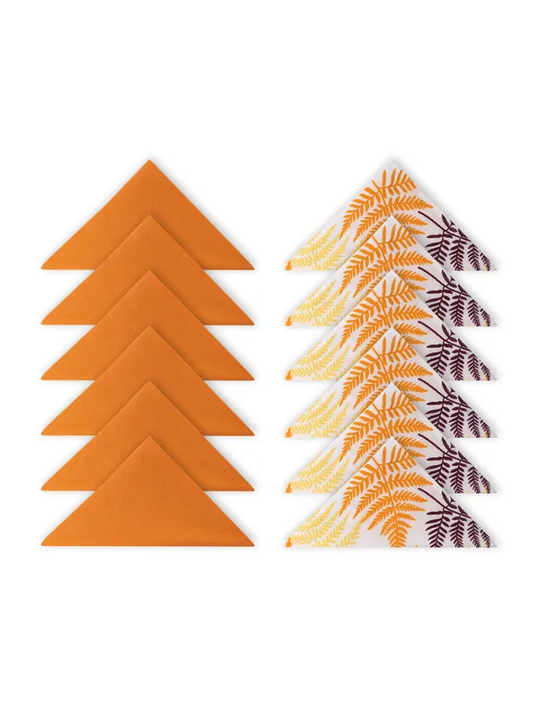 Pack_of_12_Pieces_Cotton_Orange_Tropical_Leaf_Printed_and_Plain_Napkin_Set_for_Dining_and_Kitchen