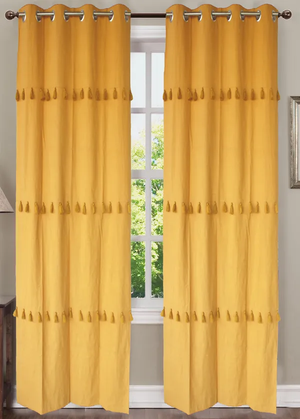 Pack_of_2_Pieces_Cotton_Yellow_Merit_Tassel_Collection_Eyelet_Curtain_Set_For_Bedroom_and_Living_Room
