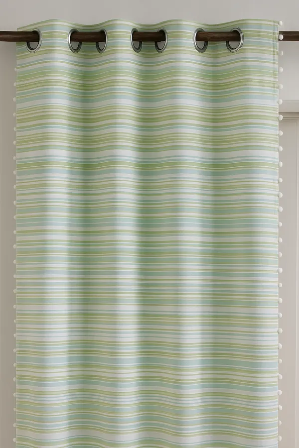 Pack_of_3_Pieces_Cotton_Green_Candy_Stripe_Pompom_Collection_Eyelet_Curtain_Set_For_Bedroom_and_Living_Room