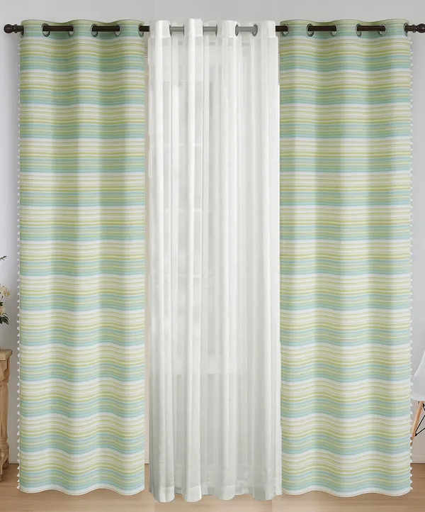 Pack_of_3_Pieces_Cotton_Green_Candy_Stripe_Pompom_Collection_Eyelet_Curtain_Set_For_Bedroom_and_Living_Room