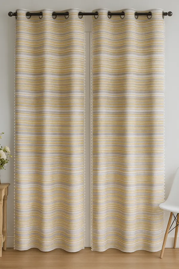 Pack_of_2_Cotton_Yellow_Candy_Stripe_Pompom_Collection_Eyelet_Curtain_Set_for_Window_and_Door