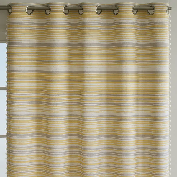 Pack_of_2_Cotton_Yellow_Candy_Stripe_Pompom_Collection_Eyelet_Curtain_Set_for_Window_and_Door