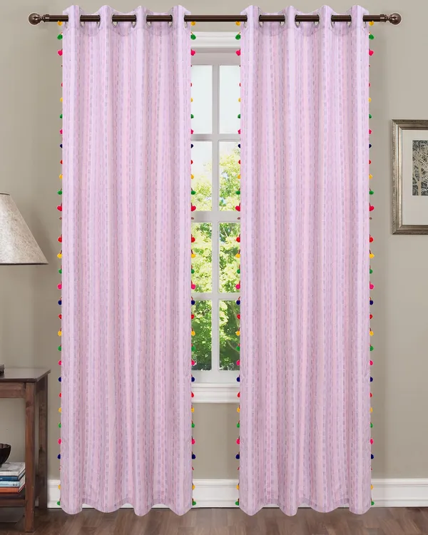 Pack_of_2_Cotton_Purple_Pastel_Stripe_Pompom_Collection_Eyelet_Curtainfor_Window_and_Door