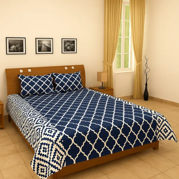 Pack_of_3_Pieces_Cotton_Blue_Ogee_Chevron_Printed_Bedsheet_With_Pillow_Cover_for_Bedroom,_Guest_Room,_Kids_Room