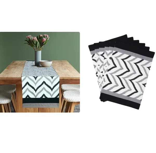 Pack_of_5,_7_&_9_Pieces_Cotton_Black_Chevron_Printed_Table_Runner_with_Place_Mat_for_Dining_&_Center_Table
