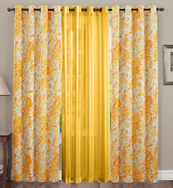 Pack_of_3_Pieces_Cotton_Yellow_Rosy_Reflections_Printed_Eyelet_Curtain_Set_For_Bedroom_and_Living_Room