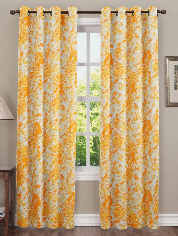 Pack_of_3_Pieces_Cotton_Yellow_Rosy_Reflections_Printed_Eyelet_Curtain_Set_For_Bedroom_and_Living_Room