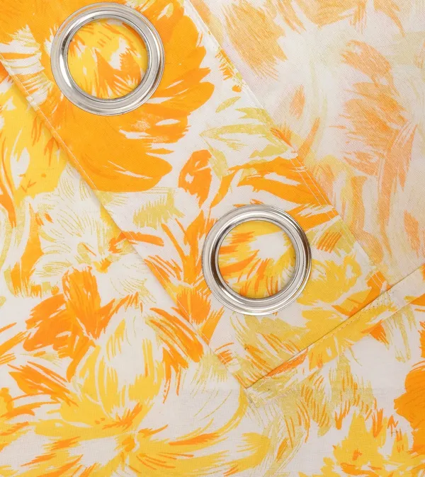 Pack_of_3_Pieces_Cotton_Yellow_Rosy_Reflections_Printed_Eyelet_Curtain_Set_For_Bedroom_and_Living_Room