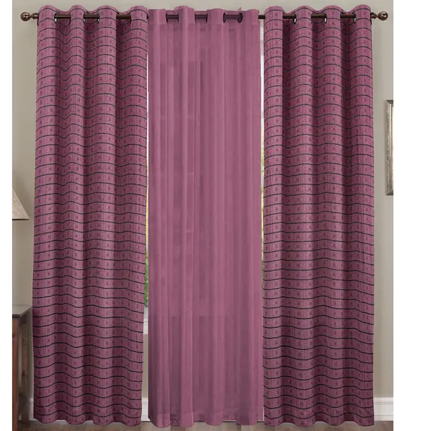 Pack_of_3_Pieces_Cotton_Eggplant_Purple_Check_Reflection_Collection_Eyelet_Curtain_Set_For_Bedroom_and_Living_Room