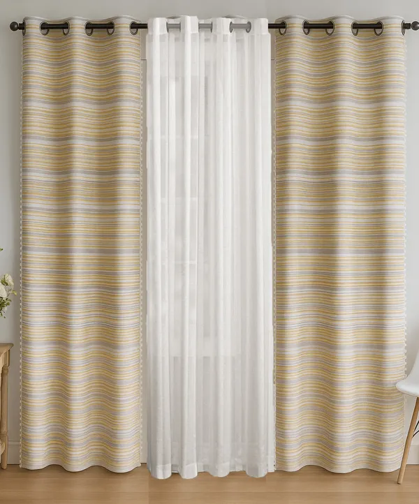 Pack_of_3_Pieces_Cotton_Yellow_Candy_Stripe_Pompom_Collection_Eyelet_Curtain_Set_For_Bedroom_and_Living_Room