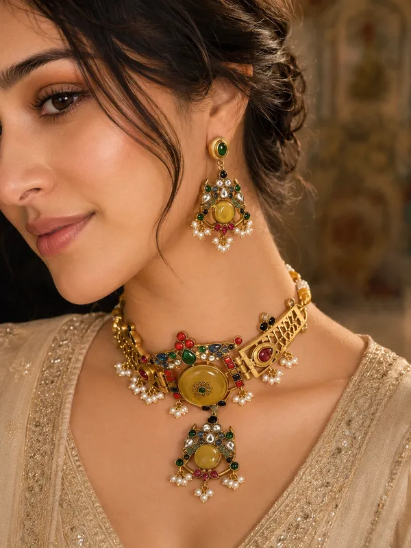TAVISHA_24_CARAT_GOLD_PLATED_YELLOW_CHOKER_SET_WITH_EARRINGS