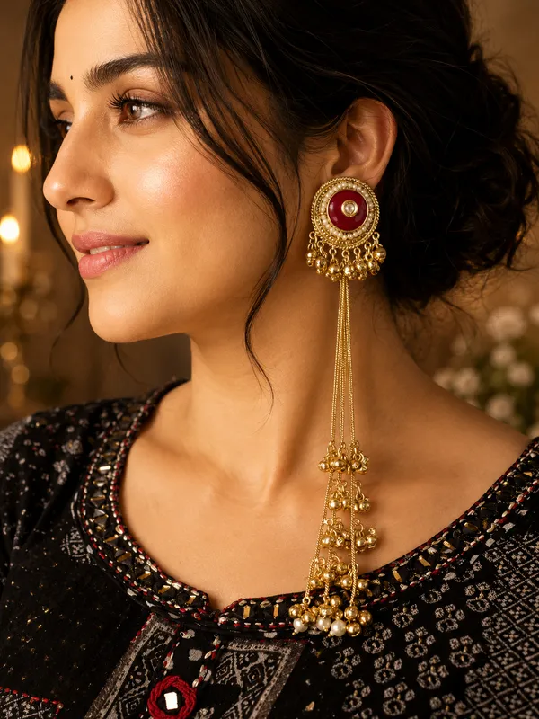 SANDHYA_LONG__GOLD_PLATED_GHOONGROO_RED__EARRINGS_FOR_WOMEN