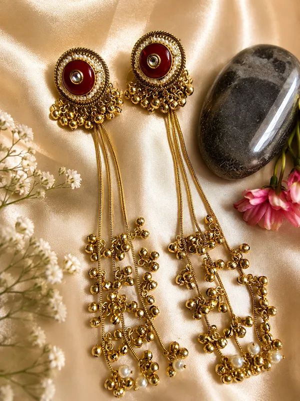 SANDHYA_LONG__GOLD_PLATED_GHOONGROO_RED__EARRINGS_FOR_WOMEN