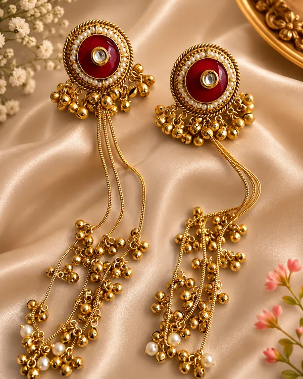 SANDHYA_LONG__GOLD_PLATED_GHOONGROO_RED__EARRINGS_FOR_WOMEN