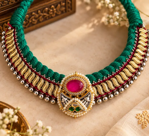 RANGILI_FUSION_THREAD_BRASS_HANDMADE_NECKLACE_WITH_EARRINGS