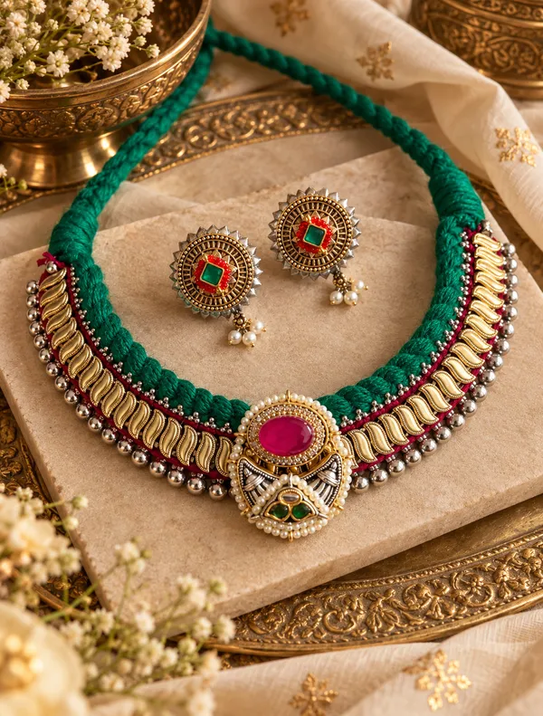 RANGILI_FUSION_THREAD_BRASS_HANDMADE_NECKLACE_WITH_EARRINGS