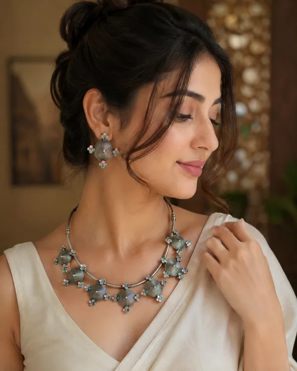 BAWRI_OXIDIZED_BRASS_MEENAKARI_HASLI_WITH_EARRINGS_AND_FINGERRING