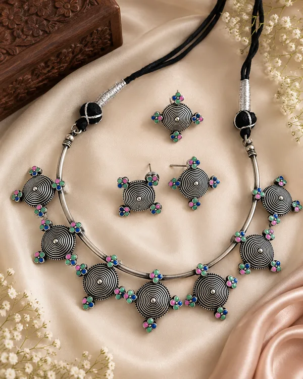 BAWRI_OXIDIZED_BRASS_MEENAKARI_HASLI_WITH_EARRINGS_AND_FINGERRING