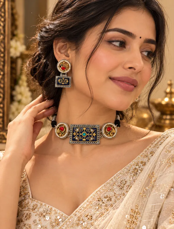 TAMRITA_ROYAL_BLUE_MEENAKARI_STATEMENT_CHOKER_SET_WITH_EARRINGS
