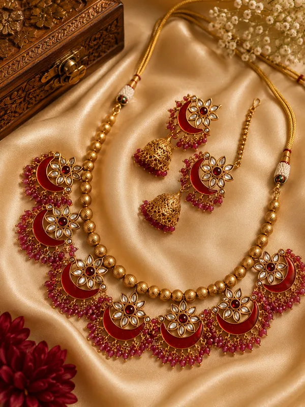 DAGINE_KUNDAN_MEENA_NECKLACE_WITH_MANGTIKA_AND_EARRINGS