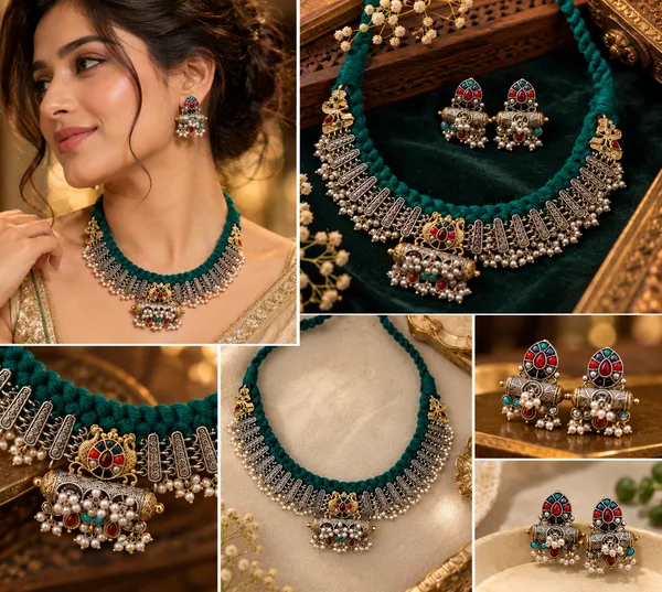 Dhara_Multicolour_Oxidised_Silver_Tribal_Fusion_Necklace_Set_with_Earrings_for_Women