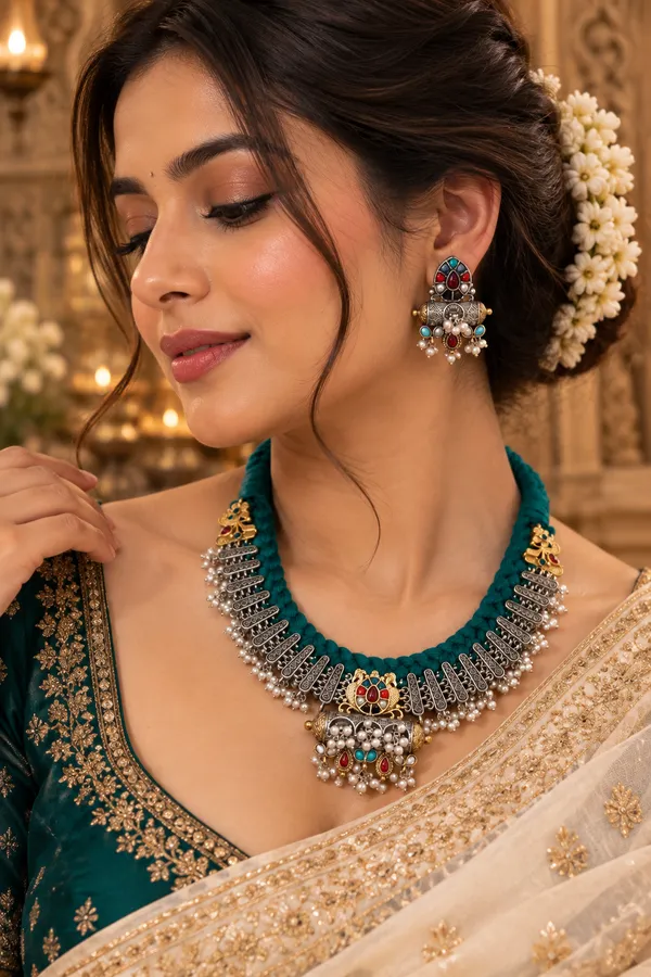 Dhara_Multicolour_Oxidised_Silver_Tribal_Fusion_Necklace_Set_with_Earrings_for_Women